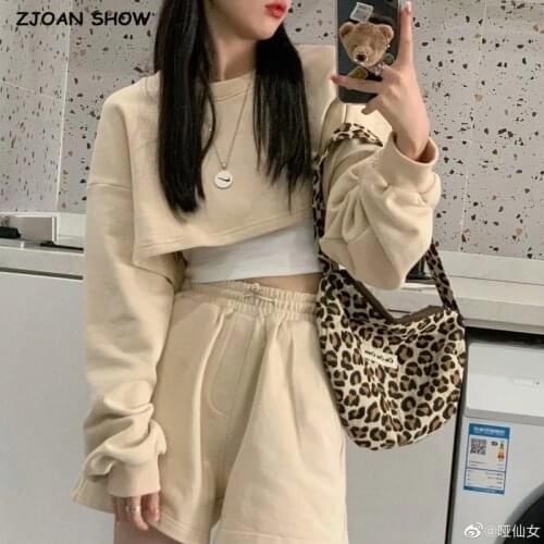 2 piece Set Above Navel Long sleeve Cropped Sweatshirt Drawstring Waist Shorts Sports Trousers Women Joggers Pants Set