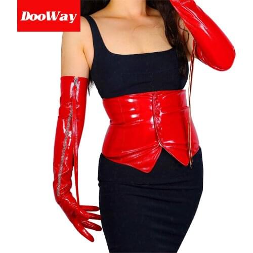 DooWay omen Opear Lenght Leather Gloves with Long Zipper Sleeve PU Shiny Red 24inches