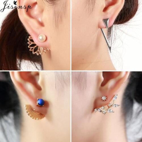 Summer Bohemian Geometric Crystal Pearl Earrings Women Ear Jackets Double Sided Cuff Earrings Piercing Jewelry Gift bijoux