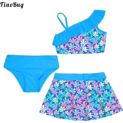 TiaoBug Summer 3Pcs Kids Girls Floral Print Swimsuit Swimwear Asymmetrical Shoulder Strap Ruffle Trim Crop Tops With Skirt Brief