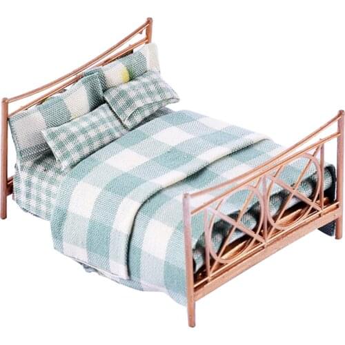 European Double Bed Dollhouse Miniature Furniture Room Bedroom DIY Accessory