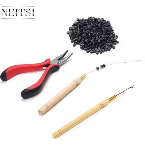 Neitsi 1pc Plier+1pc Hook Needles+1pc Loop Puller+500pcs Silicone Micro Ring Beads One Set Hair Tools For Hair Extensions