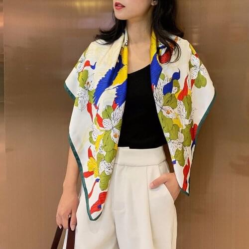 Ladies Spring Autumn Elegent Floral Printed Women Foulard Imitated Silk Scarf Shawl 90x90cm Big Bandana Hijab Wrap