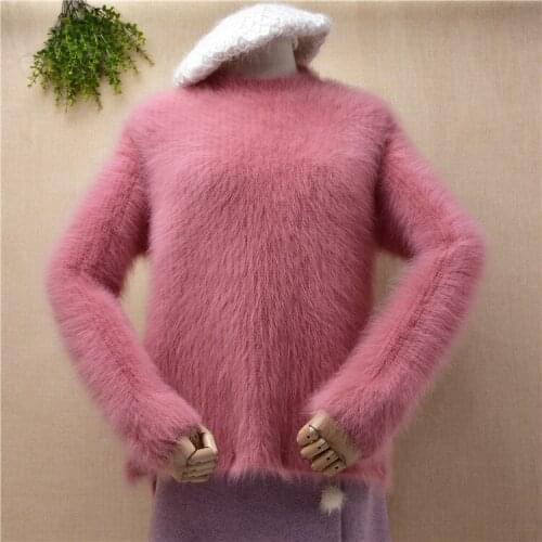 Ladies women fashion fall winter hairy fuzzy mink cashmere knitted long sleeves split loose pullover angora fur jumper sweater