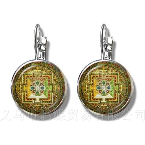 Handmade Om Yaga Symbo Earrings Buddhism Mandala Glass Cabochon Glass Dome Sacred Geometric Figure Combination Stud Earrings