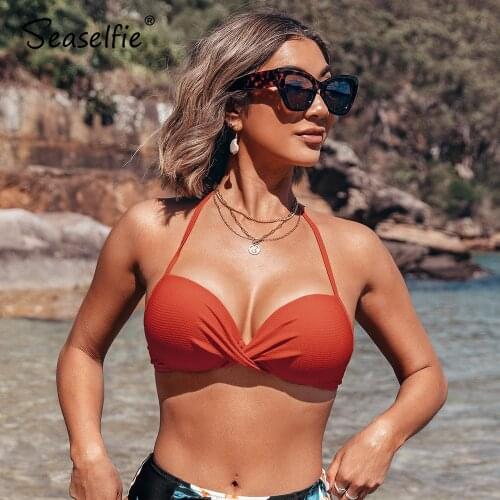 SEASELFIE Solid Orange Twist Halter Push Up Bikini Top Women Moulded Cup Separate Top Female Single Padded Bra Top 2021 Swimwear