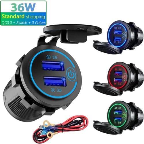 36W QC 3.0 Touch Switch Waterproof Universal Motorcycle Car Truck VAN Boat Dual USB Charger Socket For Phone Tablet DVR GPS