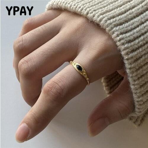 YPAY 100% 925 Sterling Silver Open Rings for Women Japan Korea INS Black Eye Finger Tail Ring Bague Fine Party Jewelry YMR1003