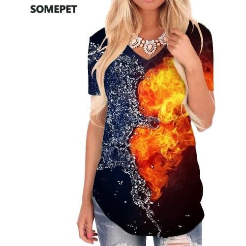 SOMEPET Love T Shirt Women Flame Tshirts Printed Couples Funny T shirts Harajuku V-neck Tshirt Womens Clothing Punk Rock Printed