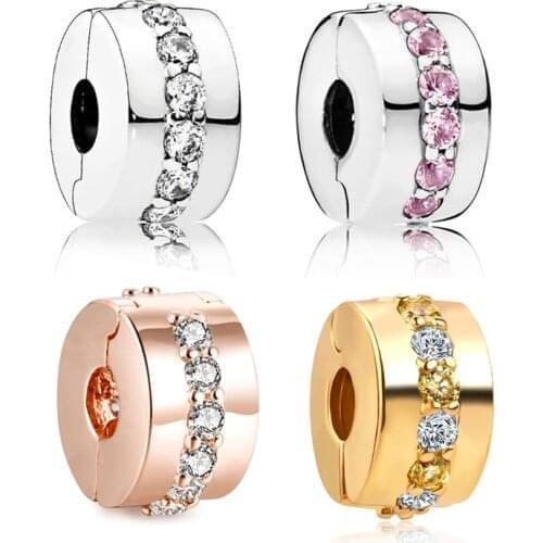 4 Colors Shining Stones Clip Stopper Beads for Charms Bracelets Women Crystal 925 Sterling Silver Charm Beads for Jewelry Making