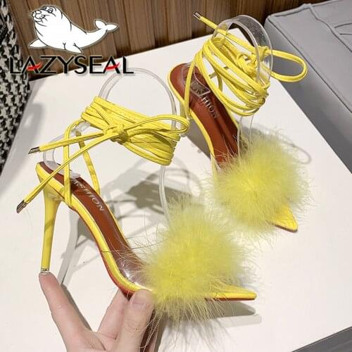 LazySea 10cm Thin Heels Pointed Toe Slippers Women Shoes Furry Sandals Air Mesh Mules Flip Flop Cross-tied Slides Plus Size 45