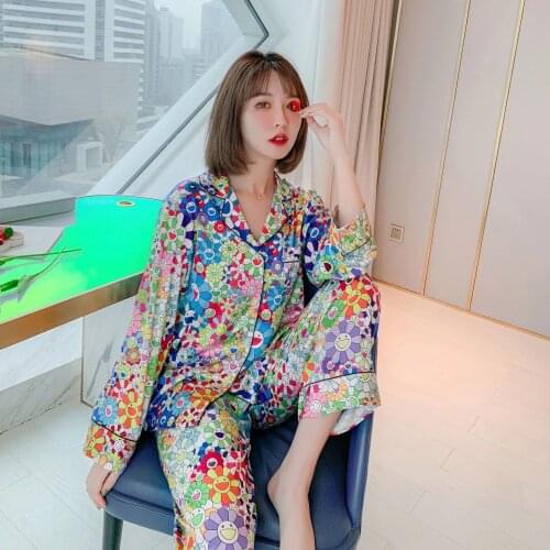 Sunflower Print Womens Pajama Set 2 Pcs with Long Pants Ladies Pijama Suit Summer Spring Satin Silk Home Clothes for Mujer New