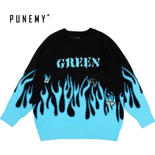 Sweater Women Pullover Retro Blue Flame Pattern O-neck Spandex Hip Hop Streetwear Harajuku 2020 Autumn New Female Sweaters