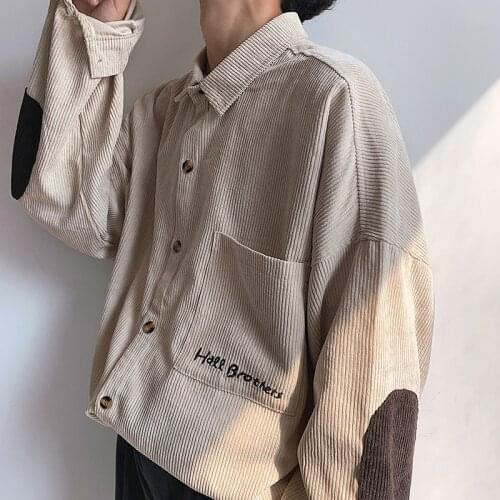 2020 Mens Fashion Thicken Corduroy Material Coats Embroidery Patchwork Shirt French Cuff Mens Shirts Camisa Masculina M-2XL