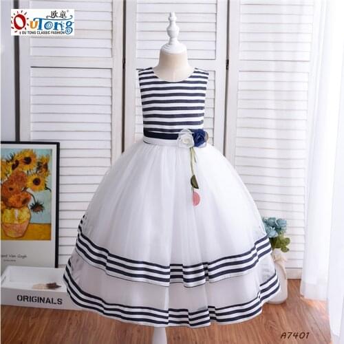 Outong 2021 Casual Dresses Kids Girl Waist Appliques Double Mesh Summer Children Clothes Stripe Vest Cotton Frocks Design Dress
