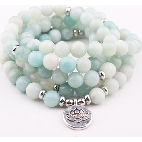 8mm New Amazonite Stone Bracelet & Necklace Tibetan Buddhism Jewelry Women Men Yoga OM Chakra Prayer 108 Beads Mala Bracelet