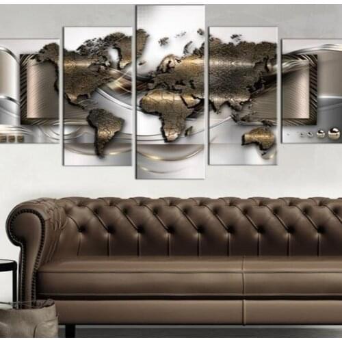 Abstract World Map High Quality 5 Panles Canvas Painting Modern Wall Art Home Painting Hotel Painting Map Canvas Printing