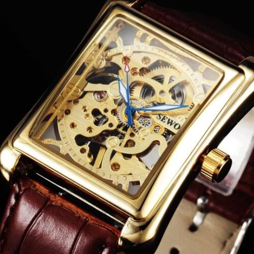 Sewor Watch Men Fashion Rectangle Dial Skeleton Watches Brown Leather Mechanical Wristwatches Men Gold Watches Reloj Hombre