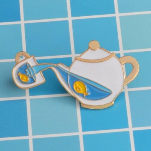 Tea Pot Pin Fish In Tea Pot Cup Enamel Metal Brooch Fashion Cartoon Daily Necessities Brooch Jewelry Trendy Collar Backpack Gift