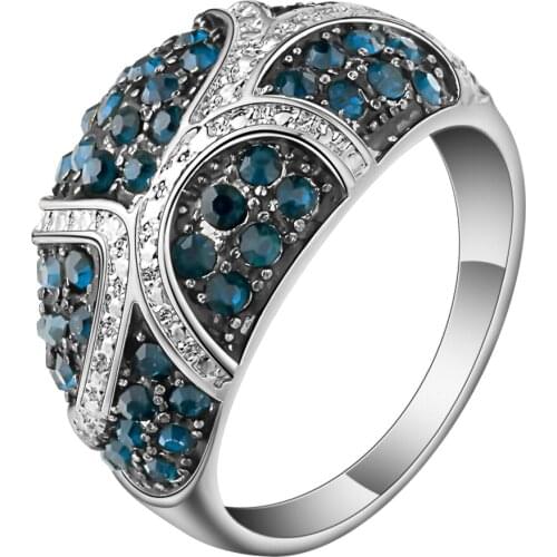 Hainon Blue Crystal Rhinestone Rings Jewelry Vintage Retro Ring for Woman Big Silver Color Party Engagement Rings