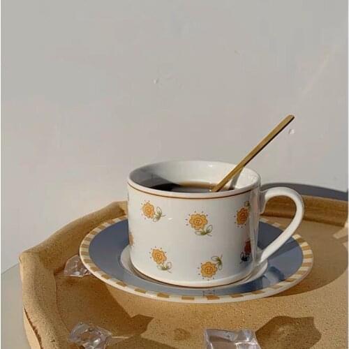 Coffee Cup Saucer Set Ceramic Retro French Pastoral Style Small Daisy Afternoon Tea Breakfast Plate Birthday Gift décorations