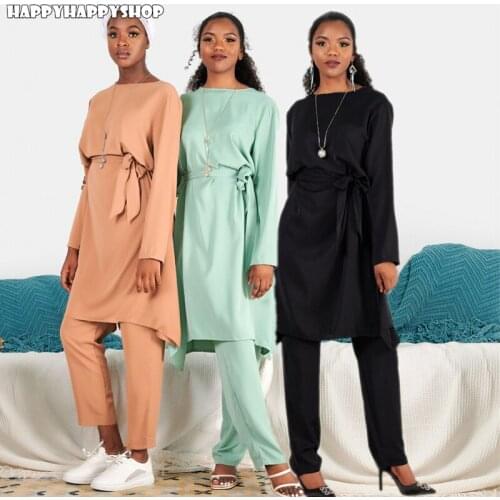Plus Size 2 Pieces Sets Muslim Islamic Abaya Kaftan Women Casual Long Tops Shirts Dress Elastic Waist Pants Dubai Turkey Clothes