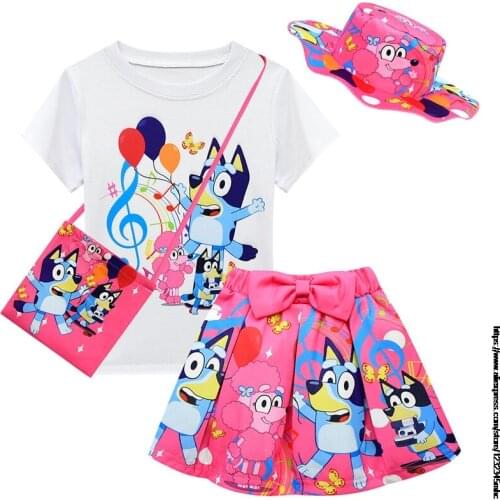 Bingo bluey Baby Girl Clothes Sets Hot Summer Short Sleeve Top+Bow Cartoon Print Skirt+Bag 4-piece Kids Childrens Clothing Suit