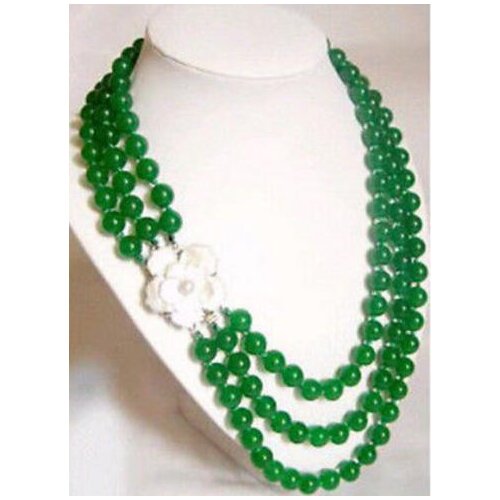 Beautiful Exquisite Genuine 3 row nobler 6mm green jade necklace shell flower clasp free shipping