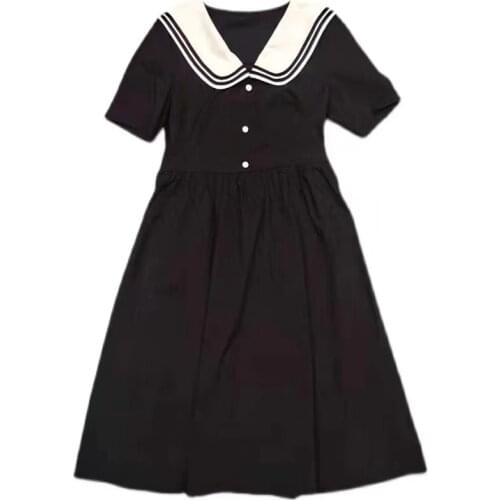 Summer Girl Navy Collar Cartoon Black White Sailor Collar Dresses School Uniform Girls Preppy Cute Tie Short Sleeve Casual Dress