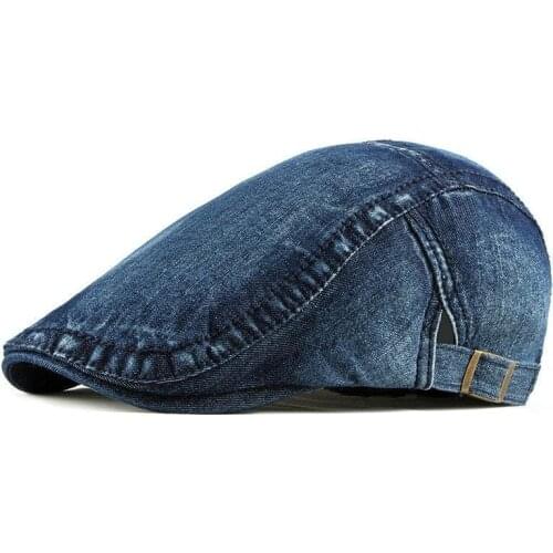 LTOW Simple Washed Denim Berets Hat Men Women Spring Summer Peaked Flat Cap Artist Duckbill Hat Casual Herringbone Newsboy Cap