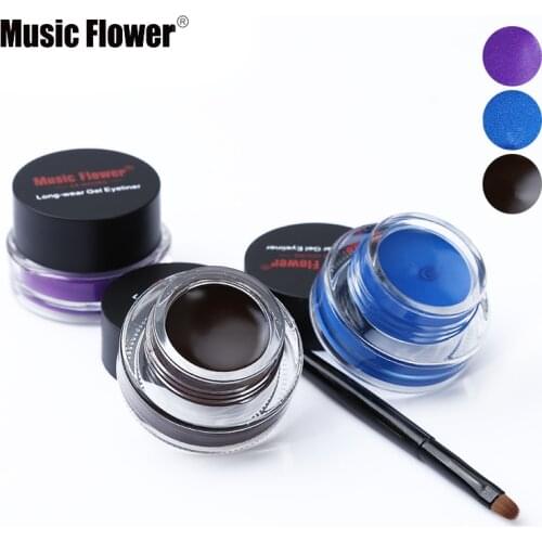 Music Flower Brand Eye Makeup 2 in 1 Brown + Black+Blue Gel Eyeliner Makeup Water-proof Natural Cream Eye Liner Set With Brushes
