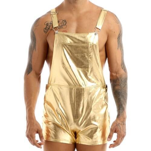 Mens Fashion Shiny Metallic Bib Overall Suspender Short Streetwear Shorts Rave Festival Clothing Jazz Hip Hop Pole Dance