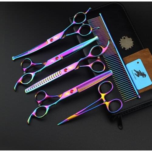 4 PCS professional safety round head dog hair scissors set curved cutting pet scissors suit 7.0 inch pet grooming scissors + bag