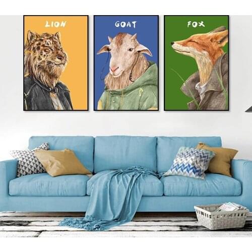 Animals Canvas Painting Funny Lion Fox Goat Wearing Clothes Nordic Vintage Style Wall Art Posters for Living Room Home Decor