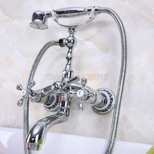 Wall Mounted Bathtub Faucet Clawfoot Bath Tub Mixer Tap Set Hand Shower Polished Chrome Dual Handles tna195