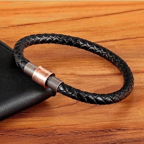 XQNI New Classic Style Vintage Rose Gold Color Buckle With Vintage Genuine Leather Bracelet&Bangle For Men Women New Year Gift