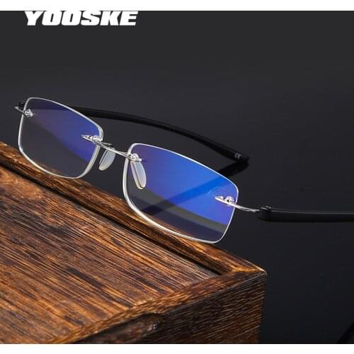 YOOSKE Prescription Reading Glasses Women Men Rimless Anti Blue Light Ultralight Hyperopia Eyeglasses Diopter Presbyopic +1.5