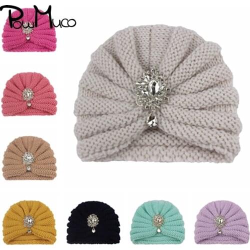 Powmuco 16*12.5 CM Solid Color Knitted Wool Hats Shining Rhinestone Baby Caps Handmade Crochet Striped Headwear Kids Accessories
