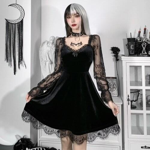 Autumn Solid Lace Patchwork Dresses Lantern Long Sleeve Ruffle Women Dress Square Collar Pullover Velvet Casual Dress Gothic