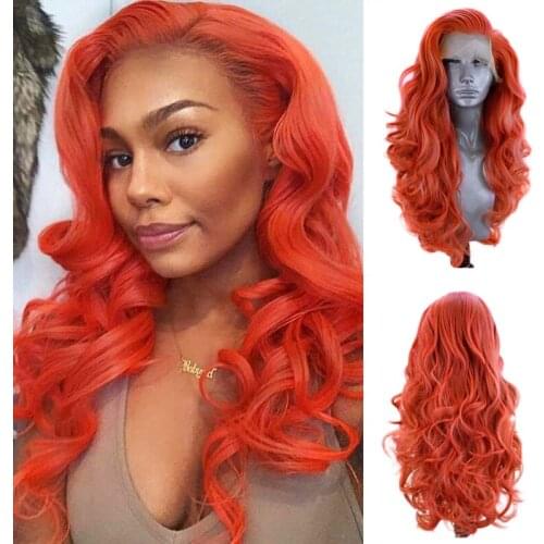 AIMEYA Long Body Wave Wigs For Women Orange Red Synthetic Lace Front Wig Natural Hairline High Temperature Cosplay Wigs