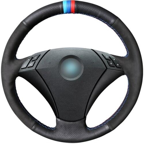 Hand-stitched Black Genuine Leather Suede Steering Wheel Cover for BMW E60 (Sedan) 530d 2003-2009 E61 (Touring) 2004 2005-2009