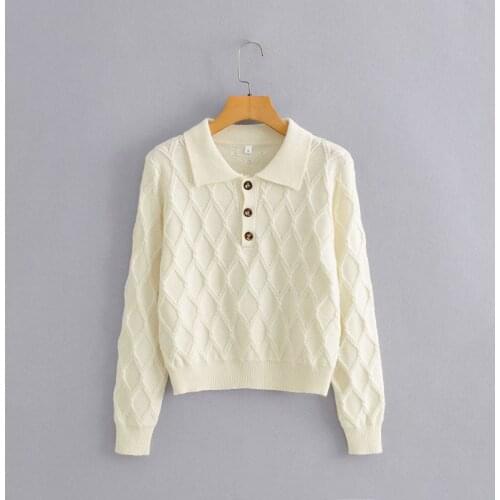 Autumn Winter Lapel Collar Beige Knitted Sweaters Women Button Long Sleeve Rhombic Pattern Casual Short Pullovers Female Jumper