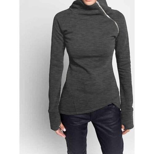 Spring Autumn Casual Solid Hoodies Women Long Sleeve Turtleneck Zipper Sweatshirts Female Irregular Tops 2021