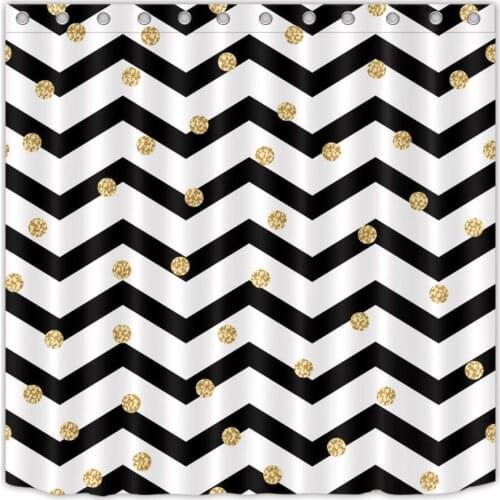 72'' Zigzag Black And White Pattern Golden Dots Bathroom Waterproof Fabric Shower Curtain Polyester 12 Hooks Bath Accessory Sets