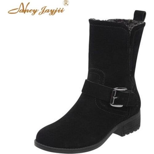 Winter Women Adult Boots Ladies Shoes Med-Calf Zipper Round Toe Zipper Med High Square heels Buckle Fashion Nancyjayjii 2019