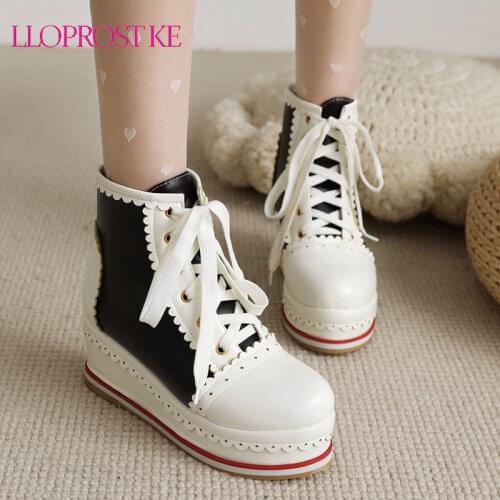 Lloprost ke Women Boots White 2021 New PU Leather Women Martin Boots Large Size 48 Fashion Ladies Wedge High heel Ankle Boots