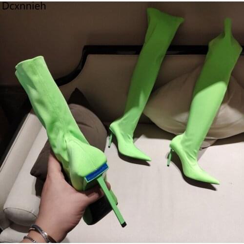 New Show Silk Over The Knee Boots Women Thin High Heels 10cm Pointed Toe Socks Boots For Woman Runway Sexy Thin legs Boots Woman