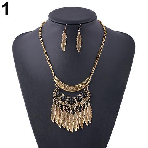 Women Vintage Leaves Tassels Pendant Choker Necklace Hook Earrings Jewelry Set indian jewelry set wedding