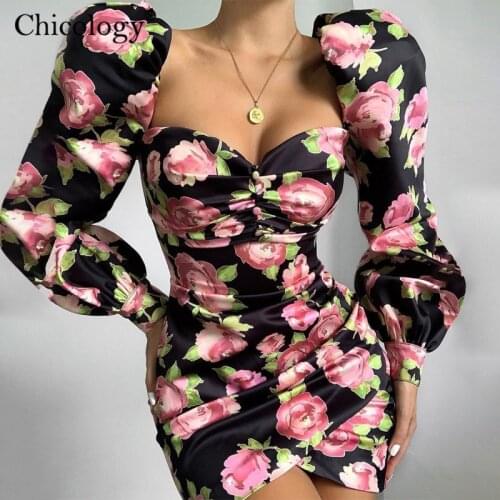 Chicology floral print lady mini dress puff long sleeve bodycon women 2019 autumn winter elegant party office casual clothes