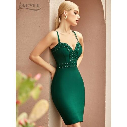 Adyce New Summer Women Green Sleeveless V Neck Bodycon Bandage Dress 2021 Sexy Spaghetti Strap Celebrity Club Runway Party Dress